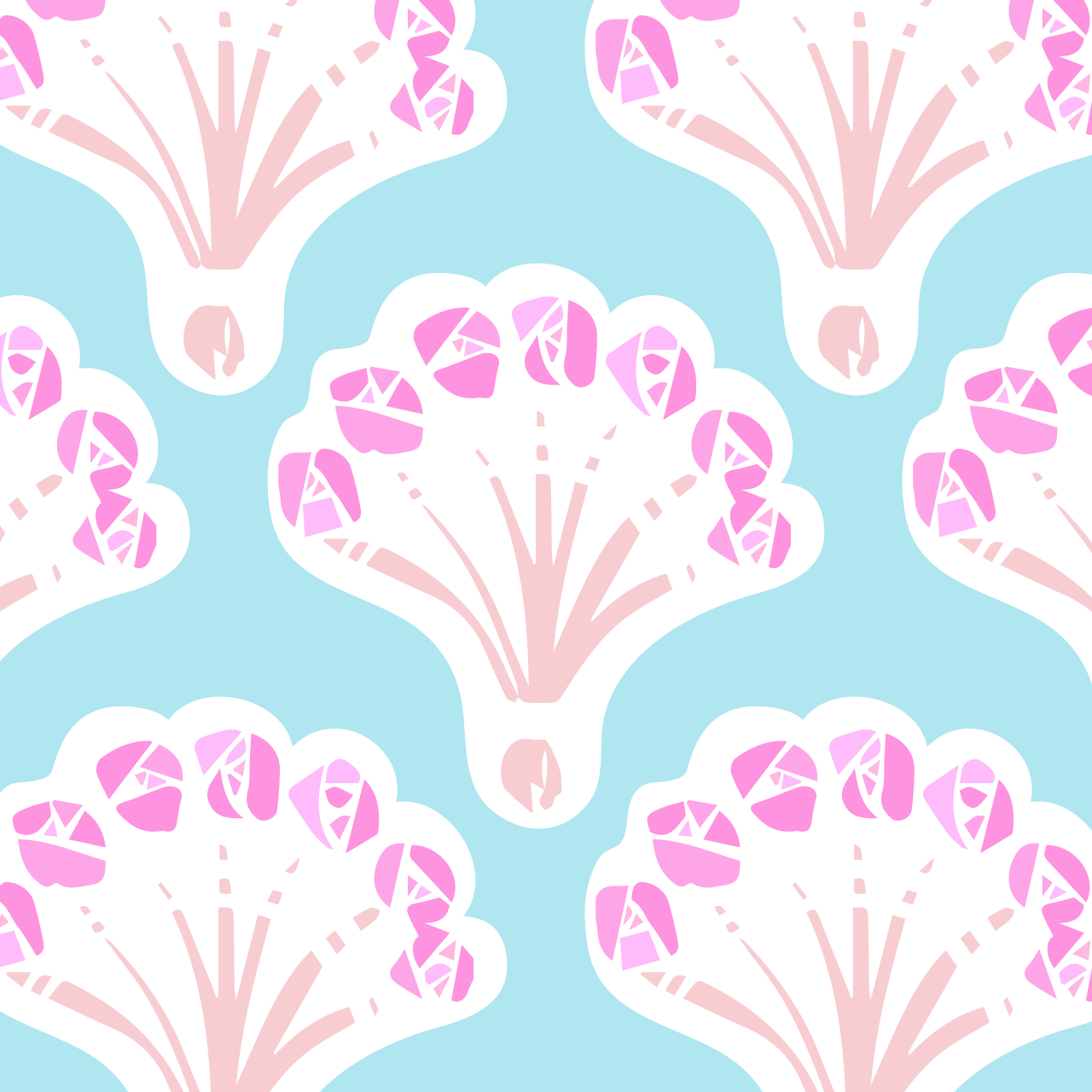水色の背景にピンクの花束のパターン