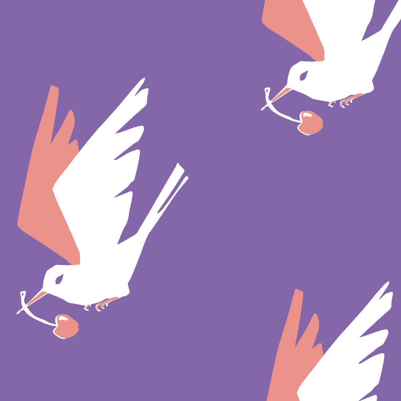 紫の背景に白とピンクの鳥のパターン