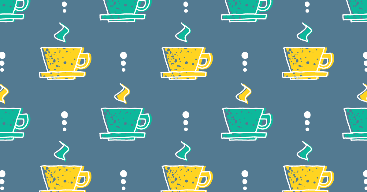 紺色の背景に黄色と緑のコーヒーカップのパターン