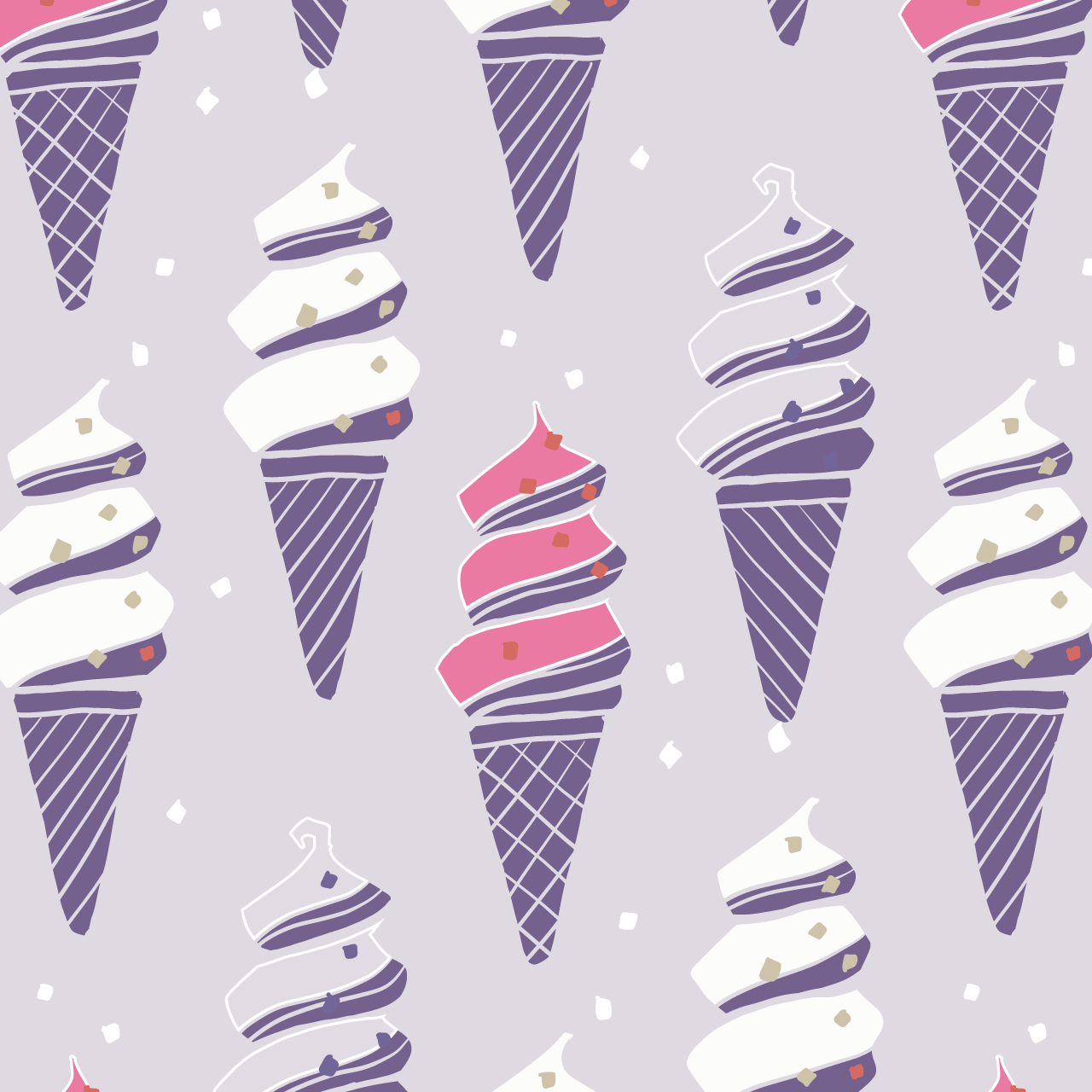 薄紫の背景に白と紺色とピンクのソフトクリームのパターン