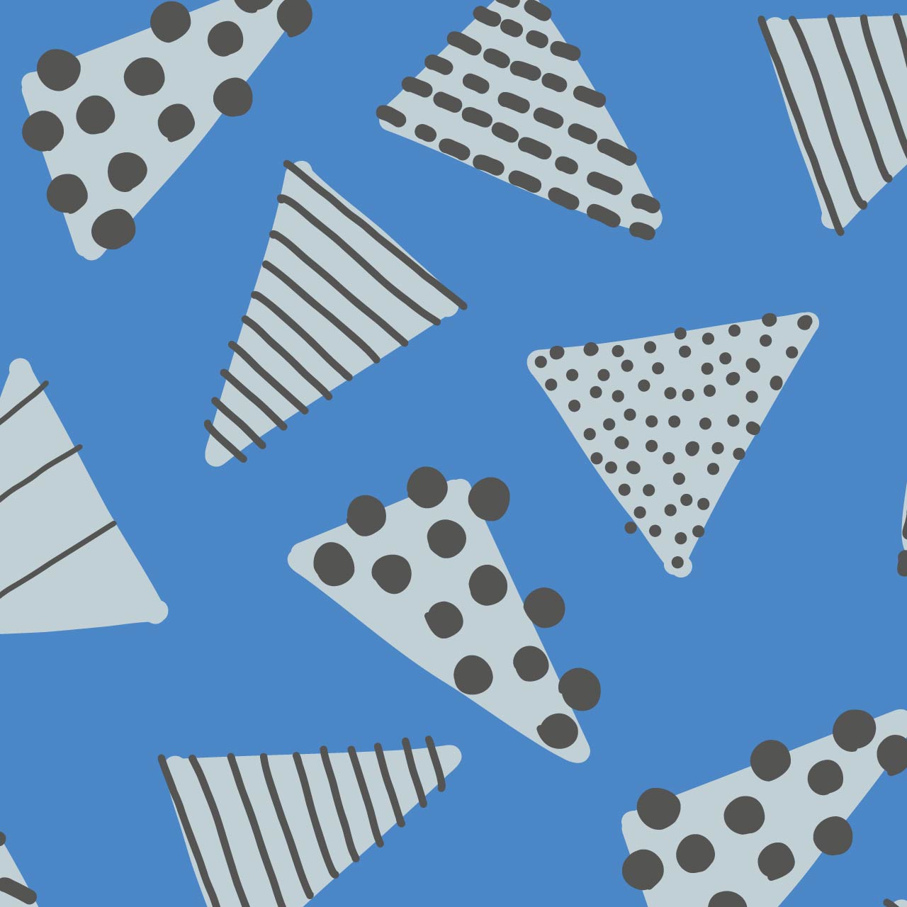 青い背景に三角とドットとストライプのパターン