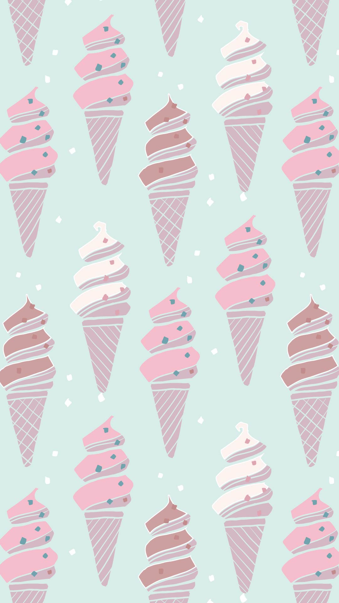 薄いエメラルドグリーンの背景にピンクと白と茶色のソフトクリームのパターン