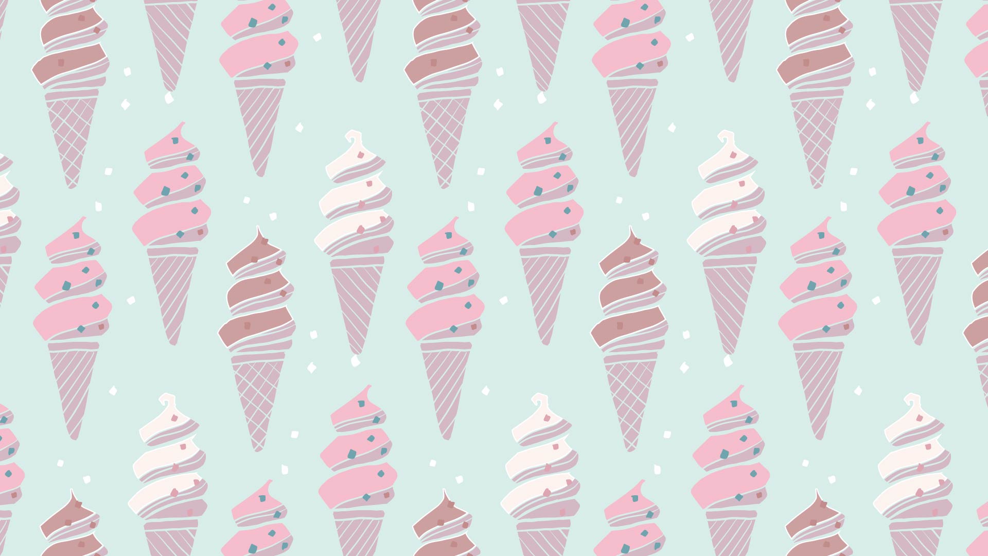 薄いエメラルドグリーンの背景にピンクと白と茶色のソフトクリームのパターン