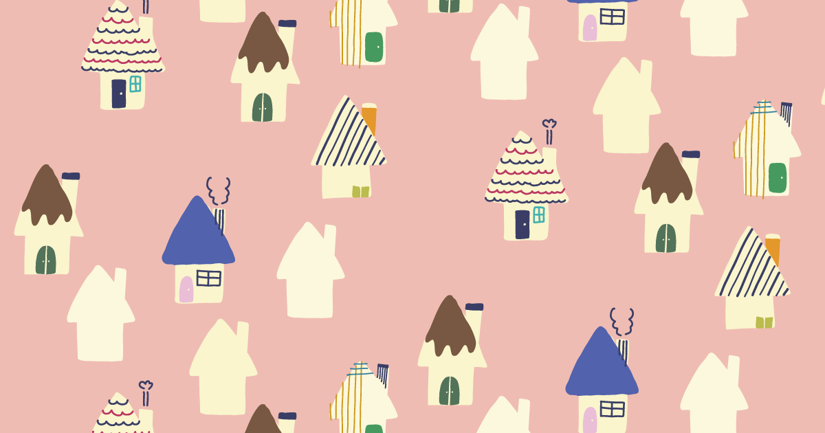 ピンクの背景にランダムな配色にした家のパターン