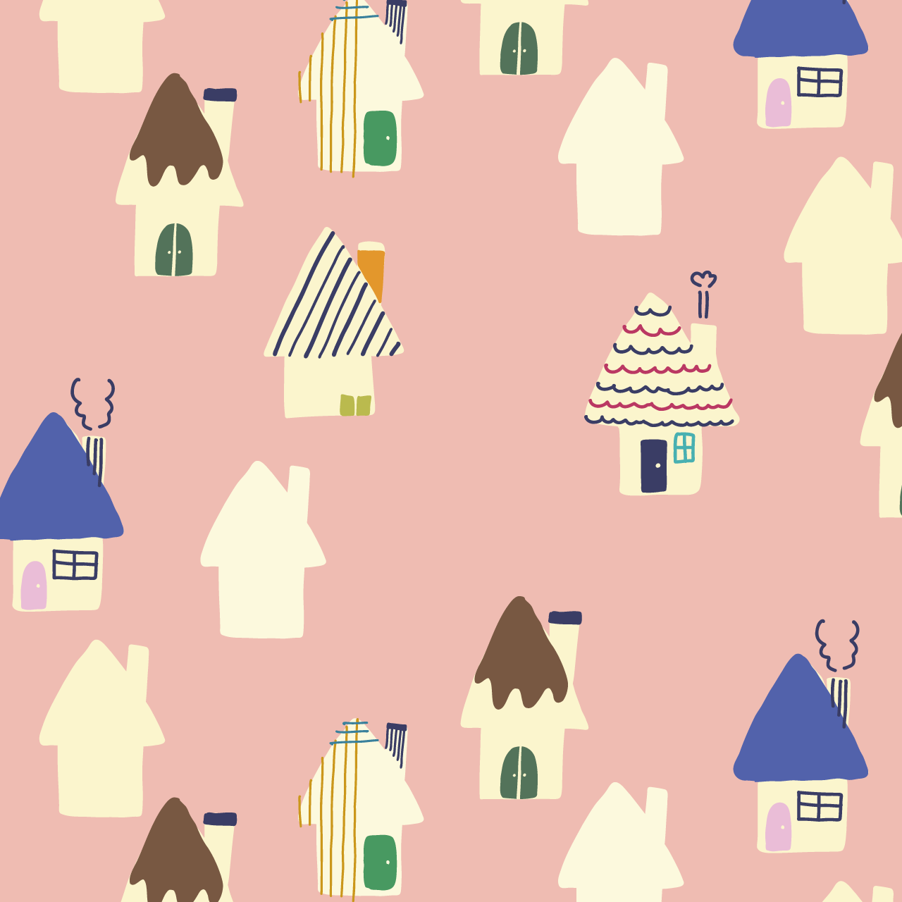 サーモンピンクの背景に色々な模様の家々のパターン