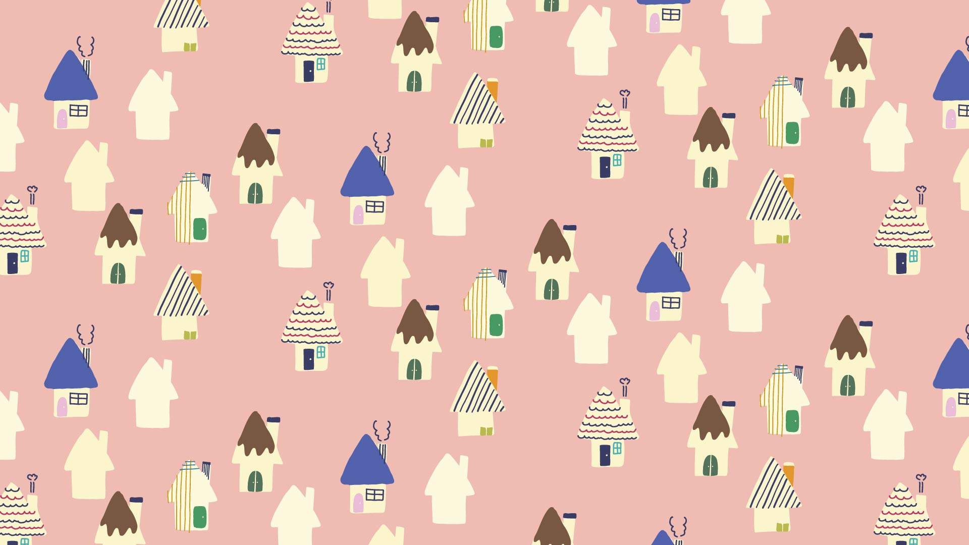 サーモンピンクの背景に色々な模様の家々のパターン