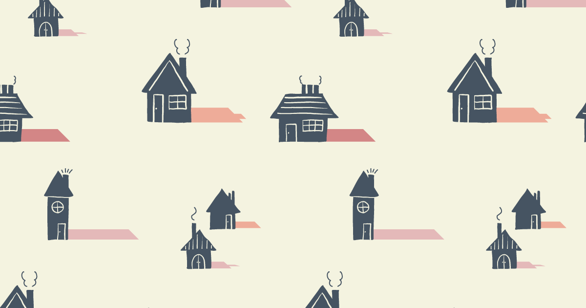 アイボリーの背景に赤系の色の影の家のパターン