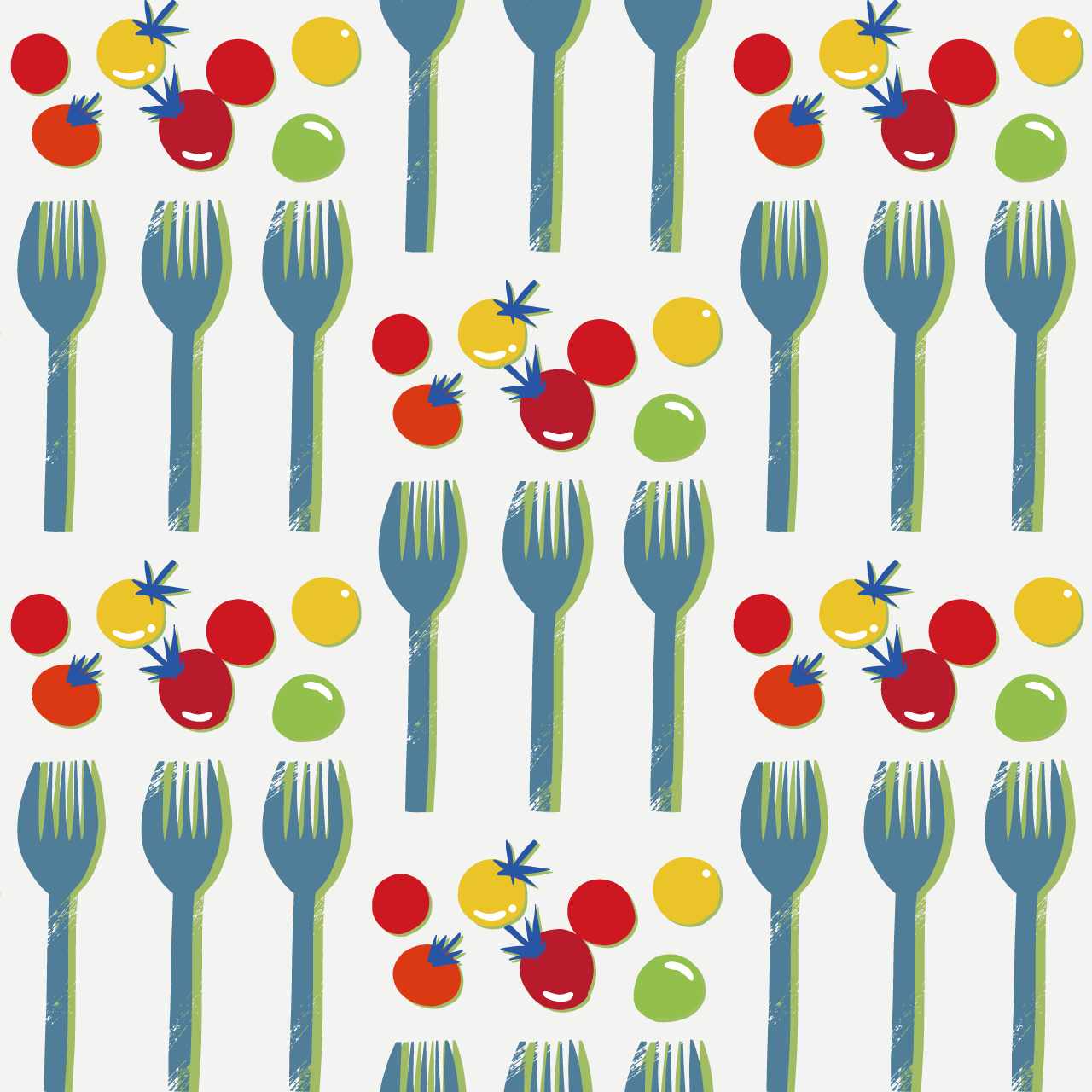 白い背景に水色のフォークとミニトマトのパターン