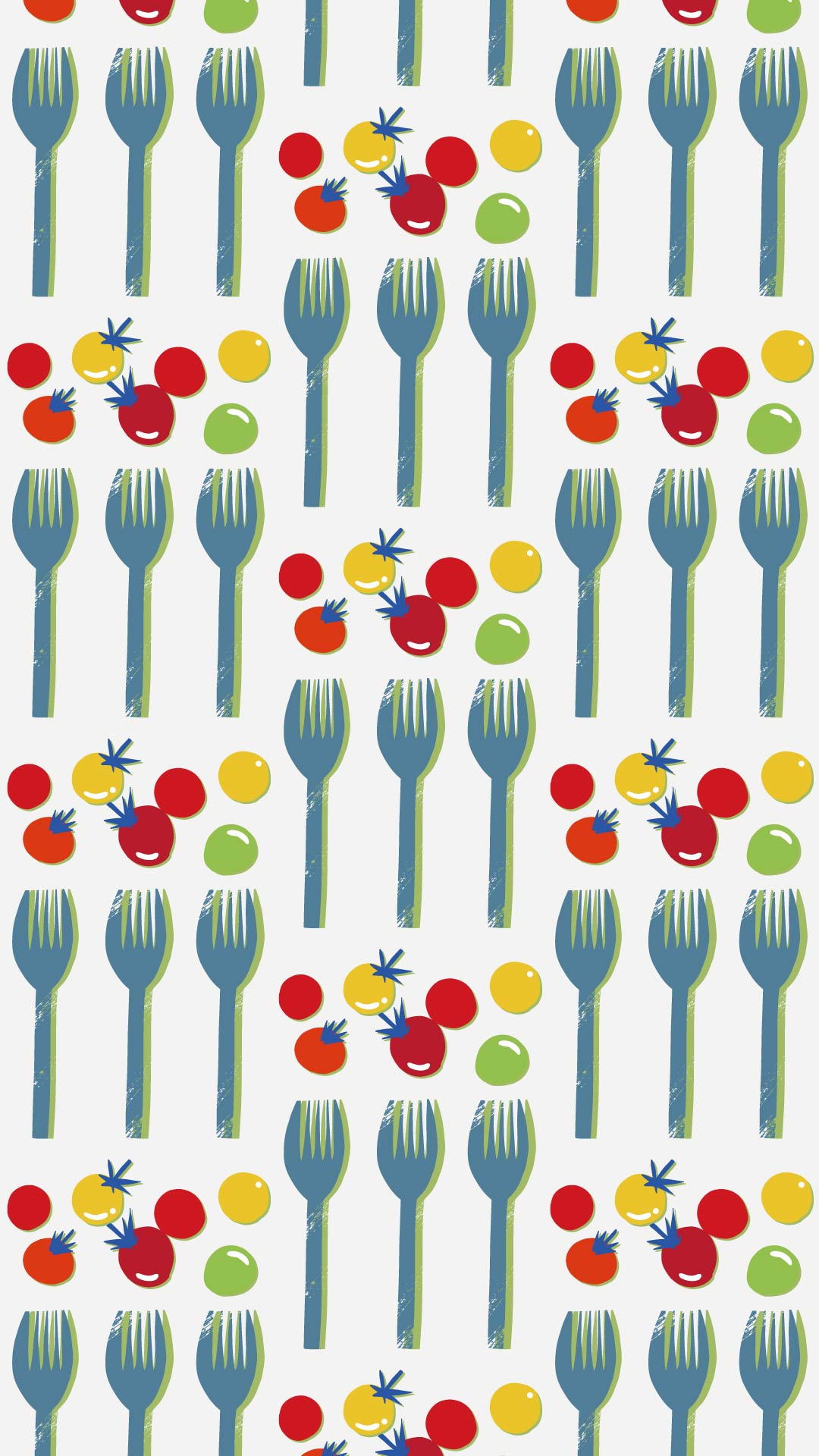 白い背景に水色のフォークとミニトマトのパターン
