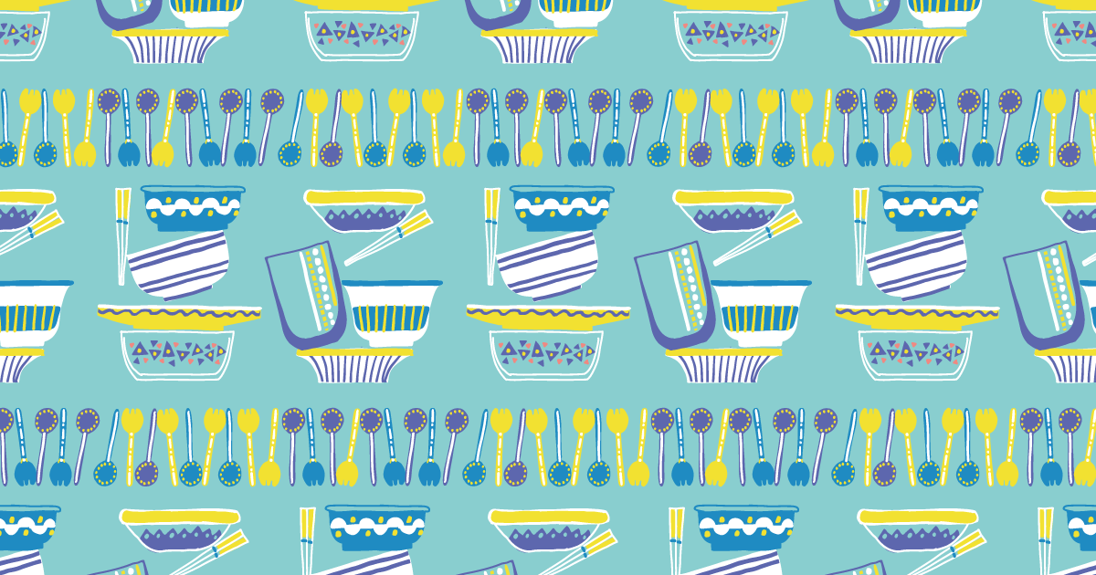 水色の背景に黄色と青の食器とカトラリーのパターン