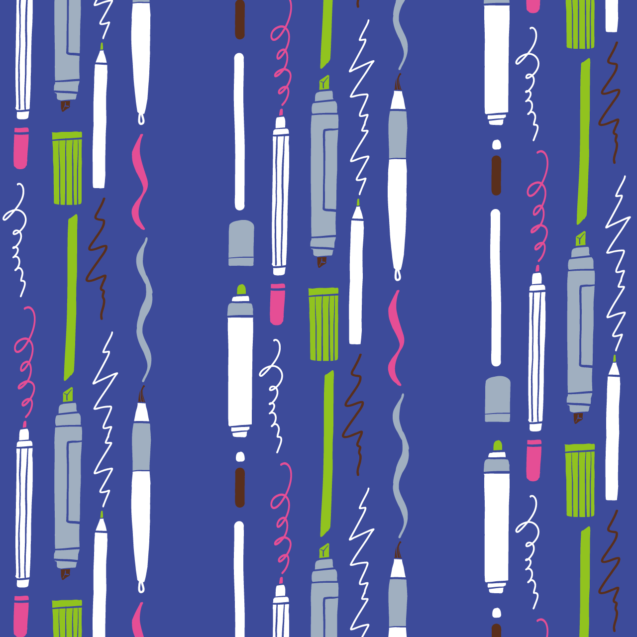 青い背景に白と黄緑とピンクのペンとその線のパターン