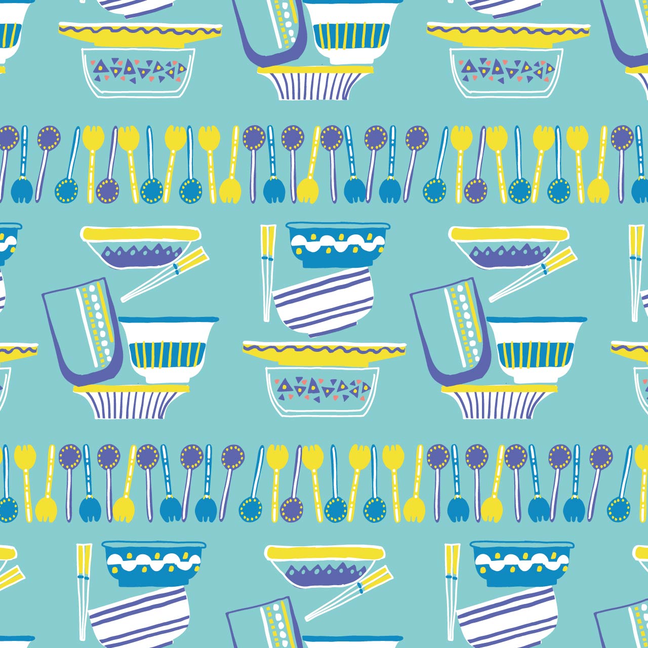 水色の背景に青や黄色のカトラリーと食器のパターン