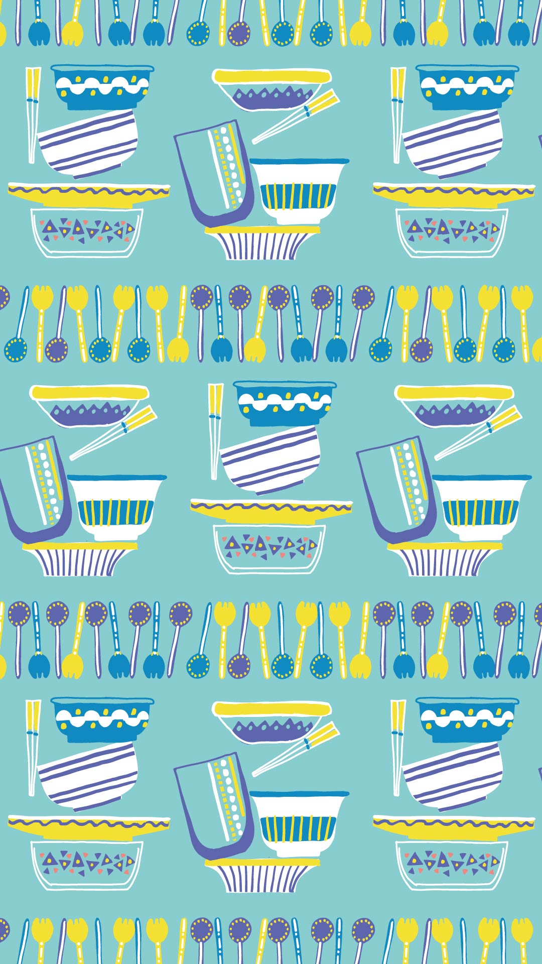 水色の背景に青や黄色のカトラリーと食器のパターン
