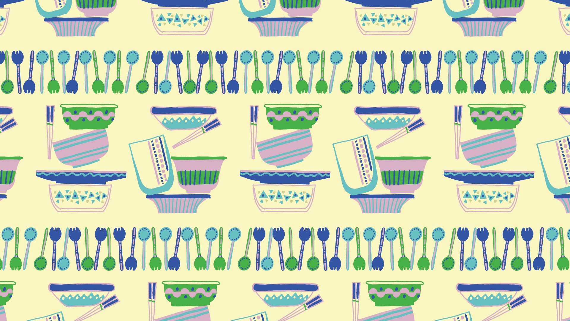 黄色の背景に緑や青や紫のカトラリーと食器のパターン