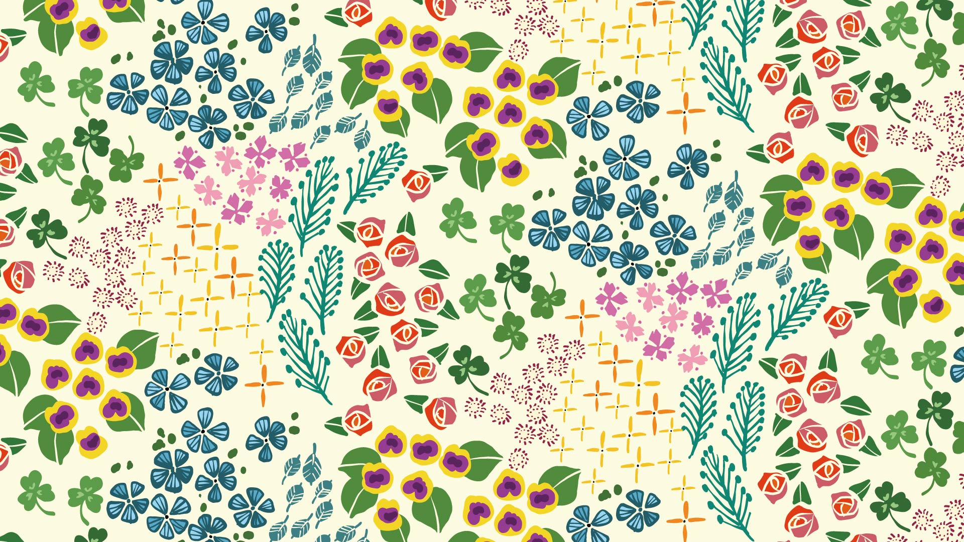 クリーム色の背景に色々な花のパターン