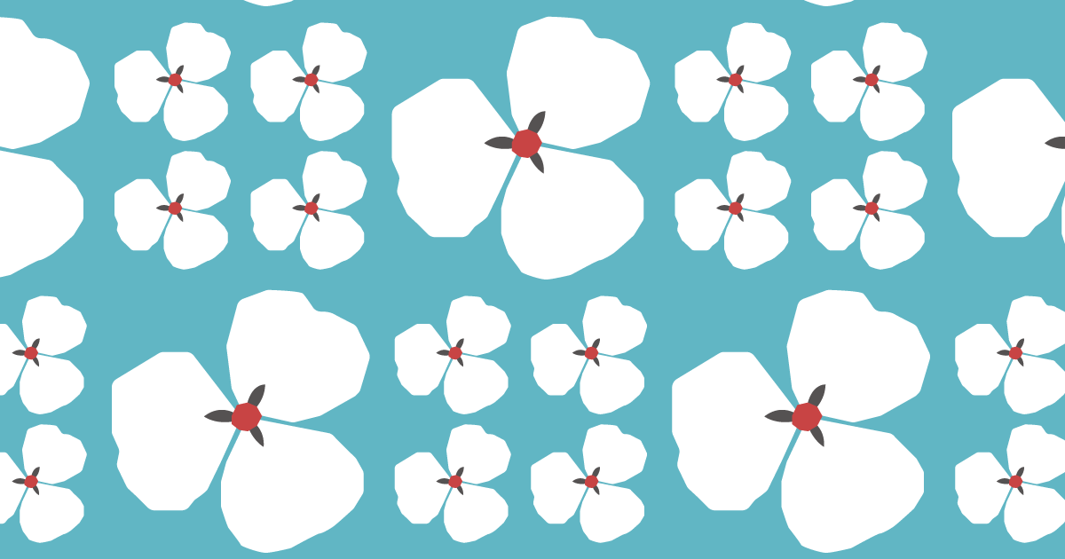 水色の背景に一部数を増やしてグループ化した白い花のパターン