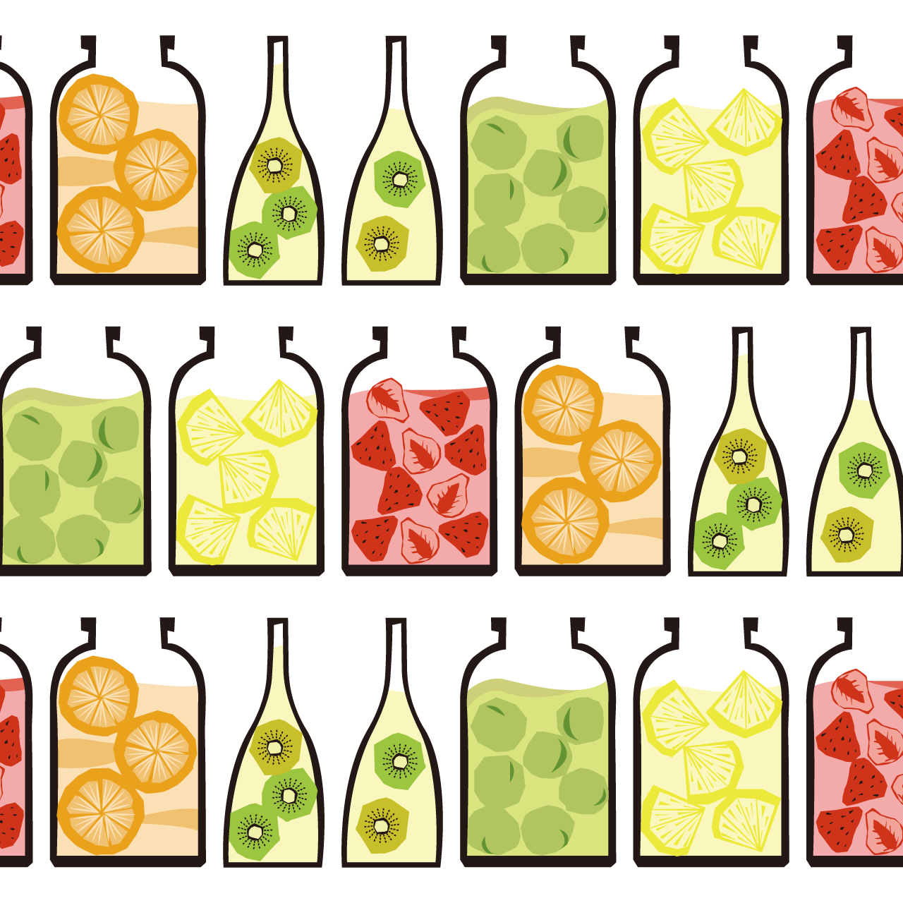 白い背景に色々な果物の果実酒のパターン