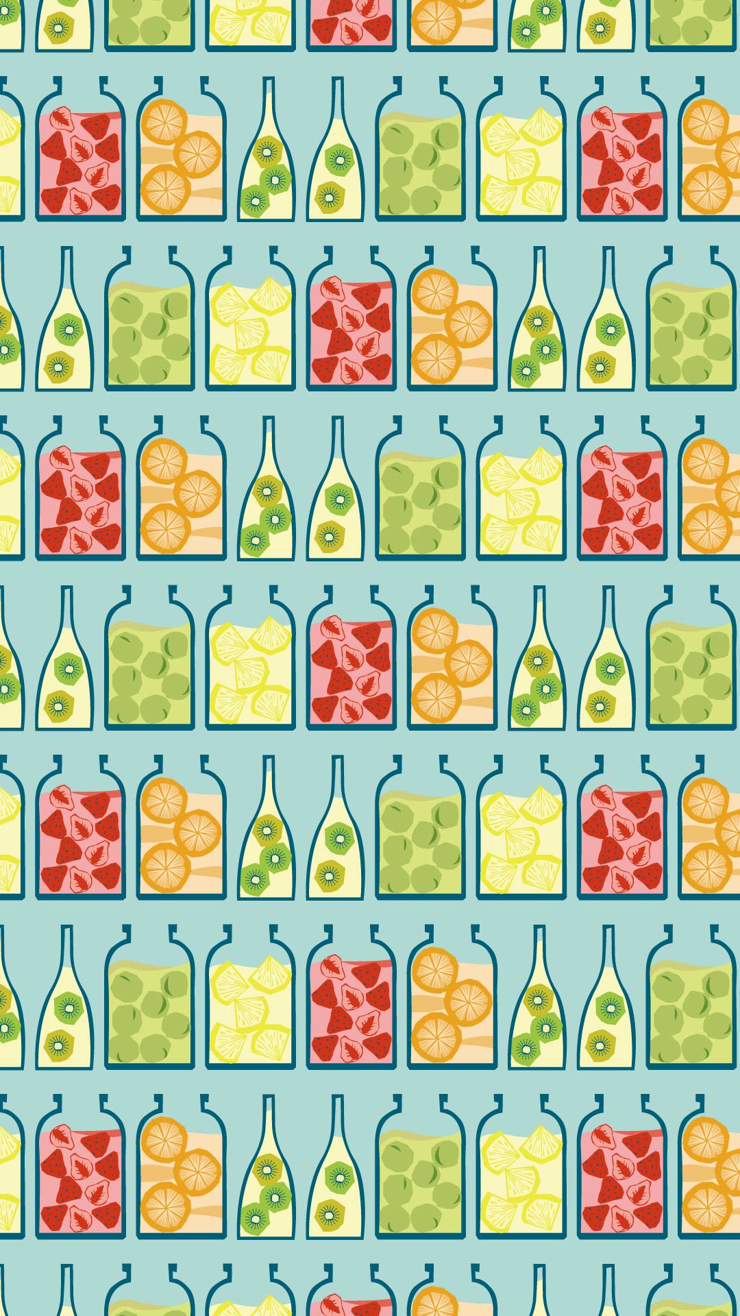 水色の背景にカラフルな果実酒のパターン