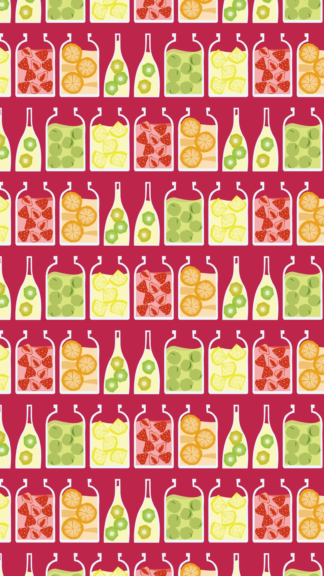 赤い背景にカラフルな果実酒のパターン