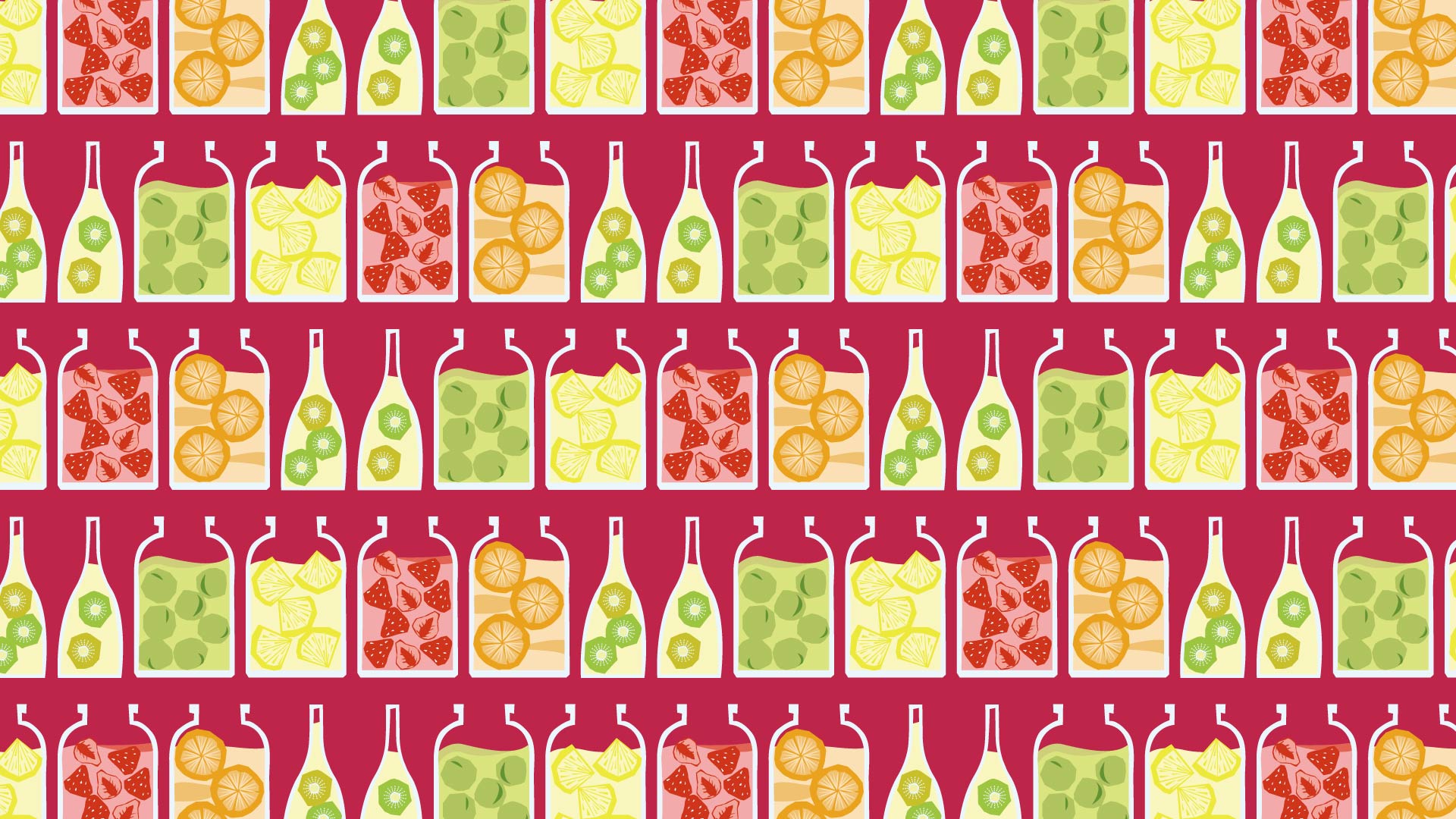 赤い背景にカラフルな果実酒のパターン