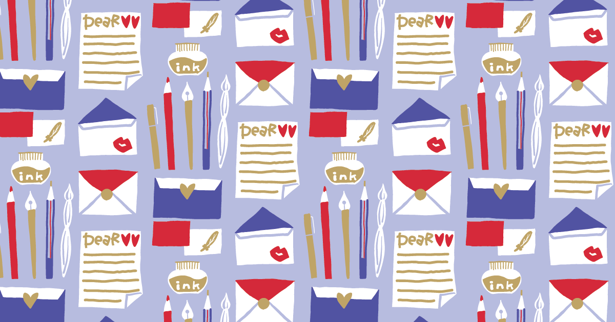 青い背景に手紙に関する文房具のパターン