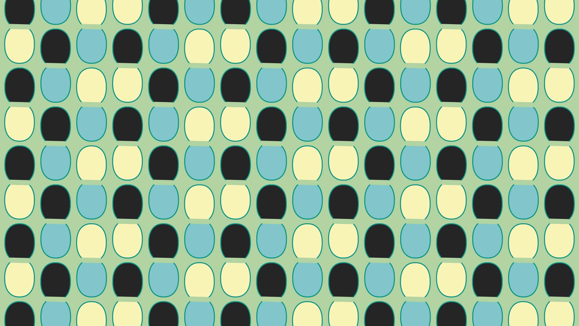 緑色の背景にアイボリーと水色と黒の幾何学的なパターン