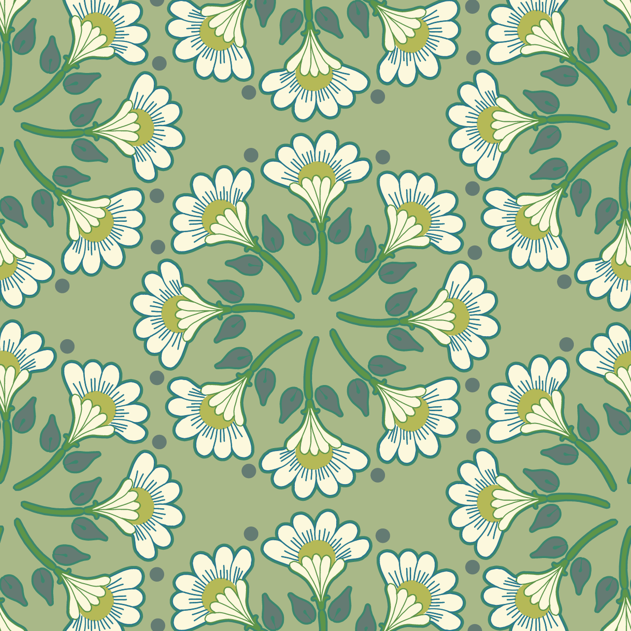 緑色の背景に白い花が話になっているパターン