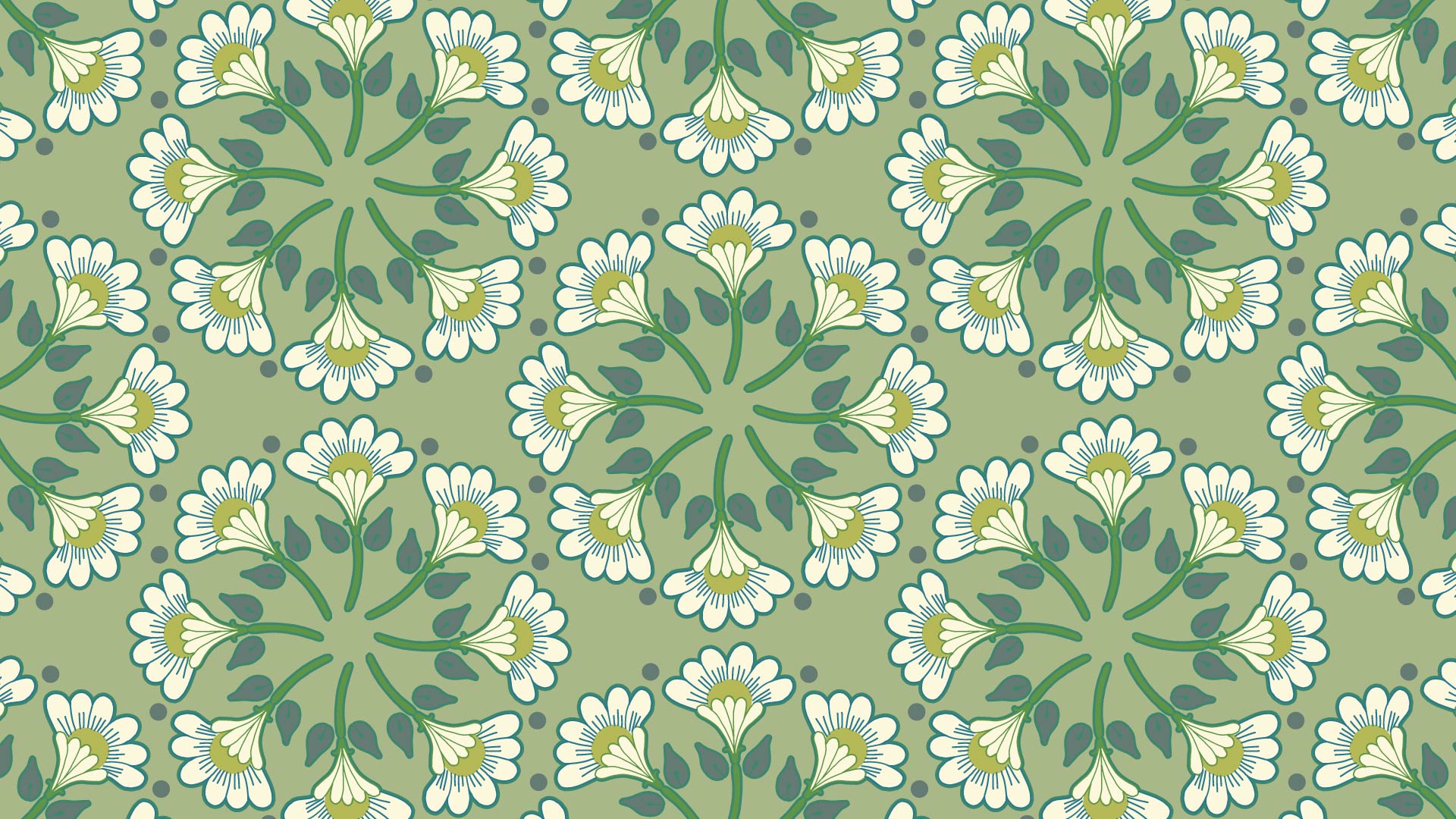 緑色の背景に白い花が話になっているパターン