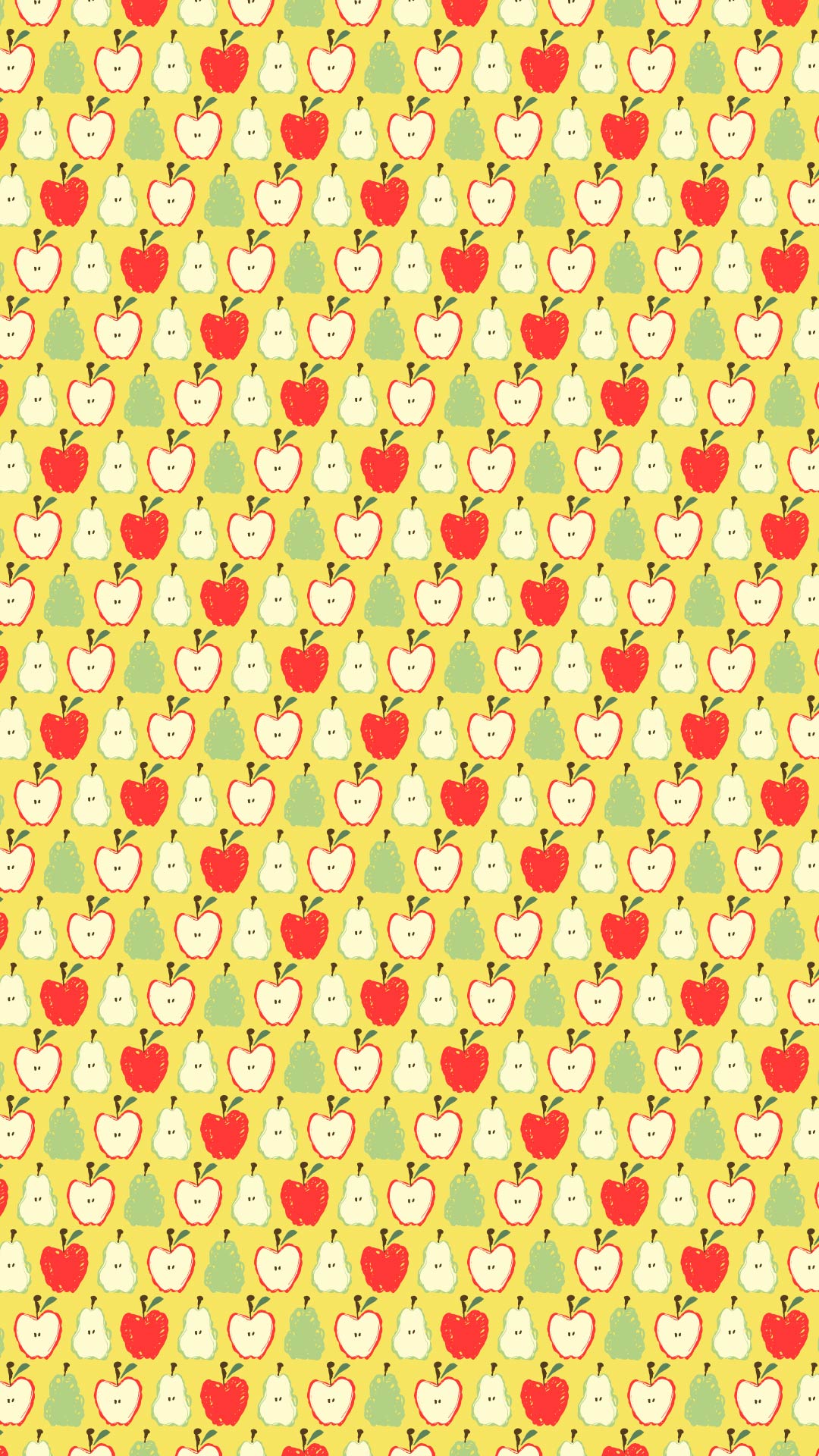 黄色の背景にりんごと洋梨のパターン